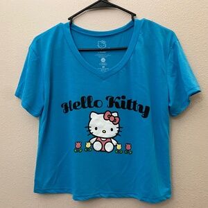Hello Kitty Blue V Neck Cropped Tee Medium NWOT